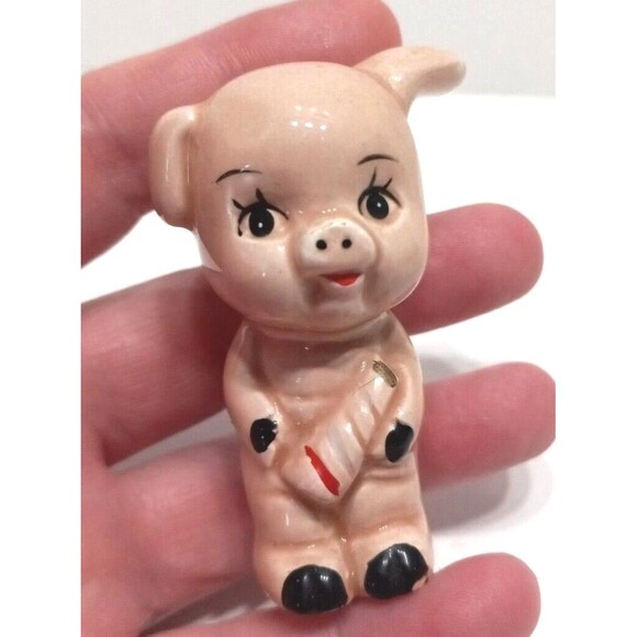 Porcelain Pink Pig Figurine 2 Inch Vintage Collectible Big Eyes One Ear Up Happy - Picture 2 of 10